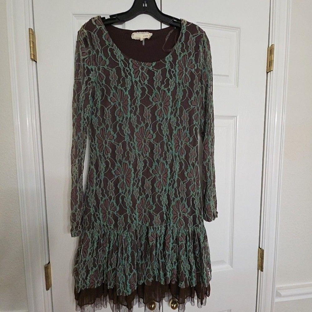 A'reve Dress Womens L Brown Floral Lace Long Sleeve Ruffle Hem Shift Sheer